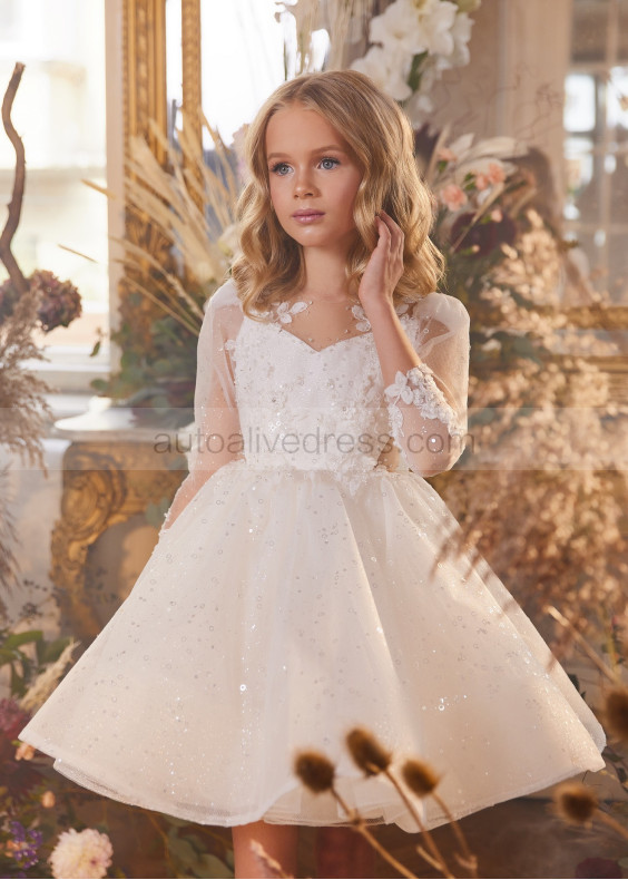 Illusion Neck Beaded Ivory Lace Glitter Tulle Flower Girl Dress